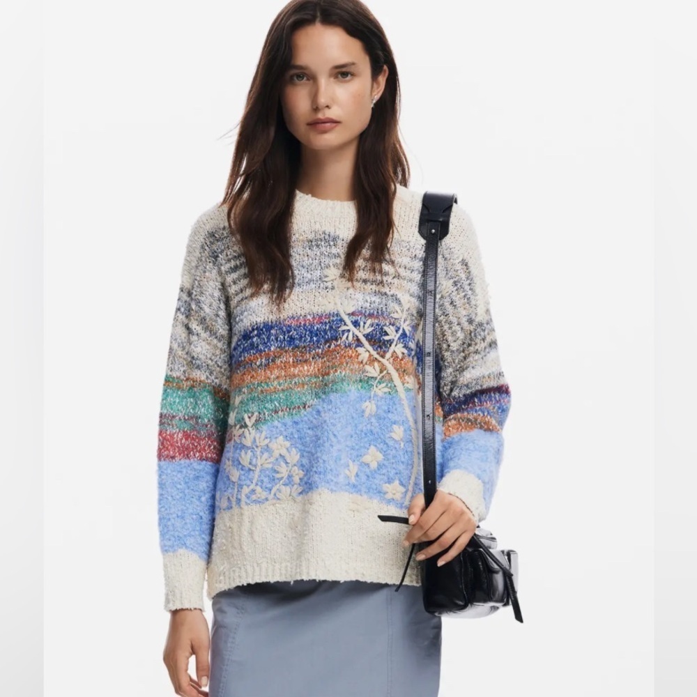 Desigual Gransudbury Colorful Knit Pullover Sweater Floral Oversized L artsy